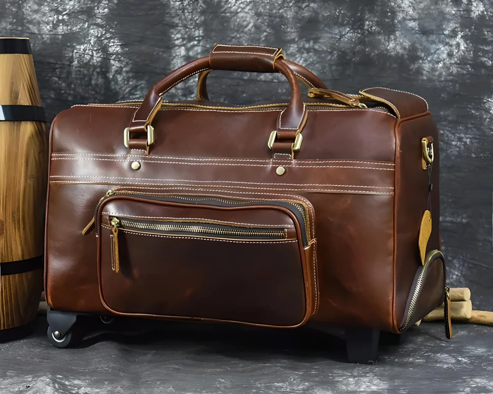 red leather carry on luggage